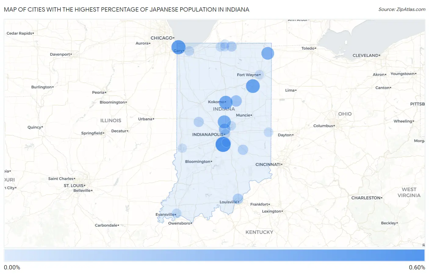 Cities with the Highest Percentage of Japanese Population in Indiana Map