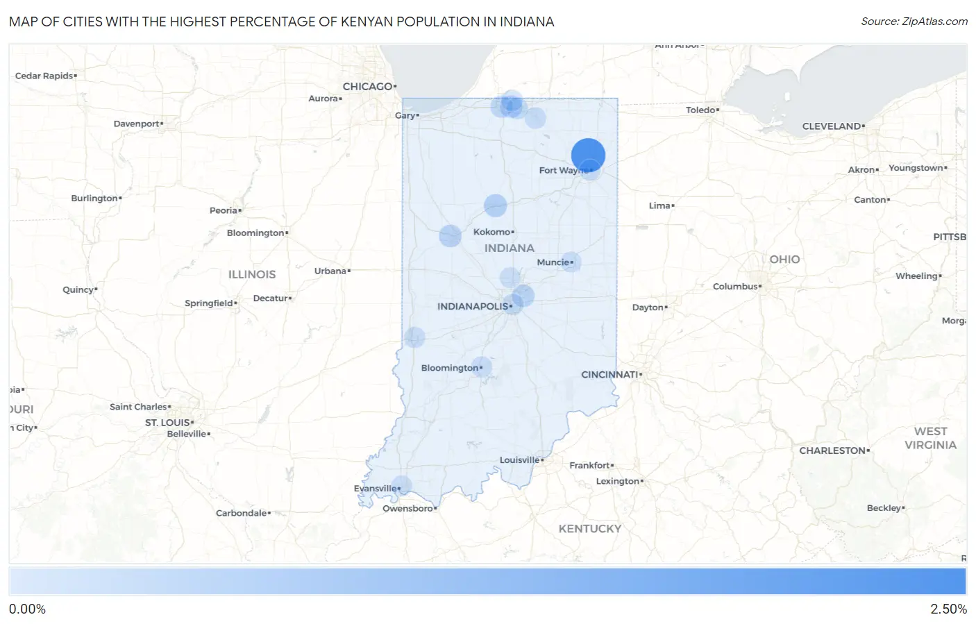 Cities with the Highest Percentage of Kenyan Population in Indiana Map