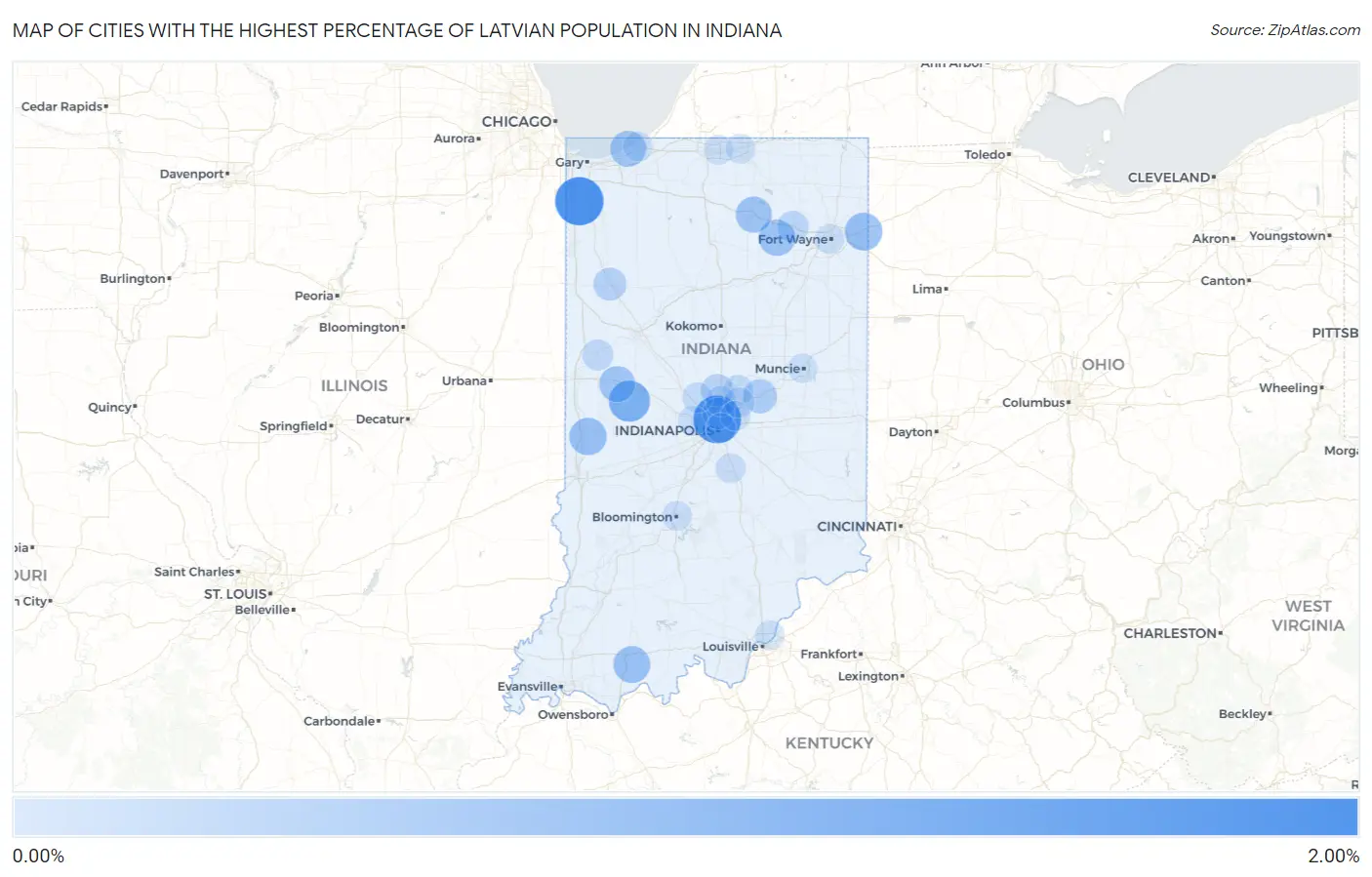 Cities with the Highest Percentage of Latvian Population in Indiana Map