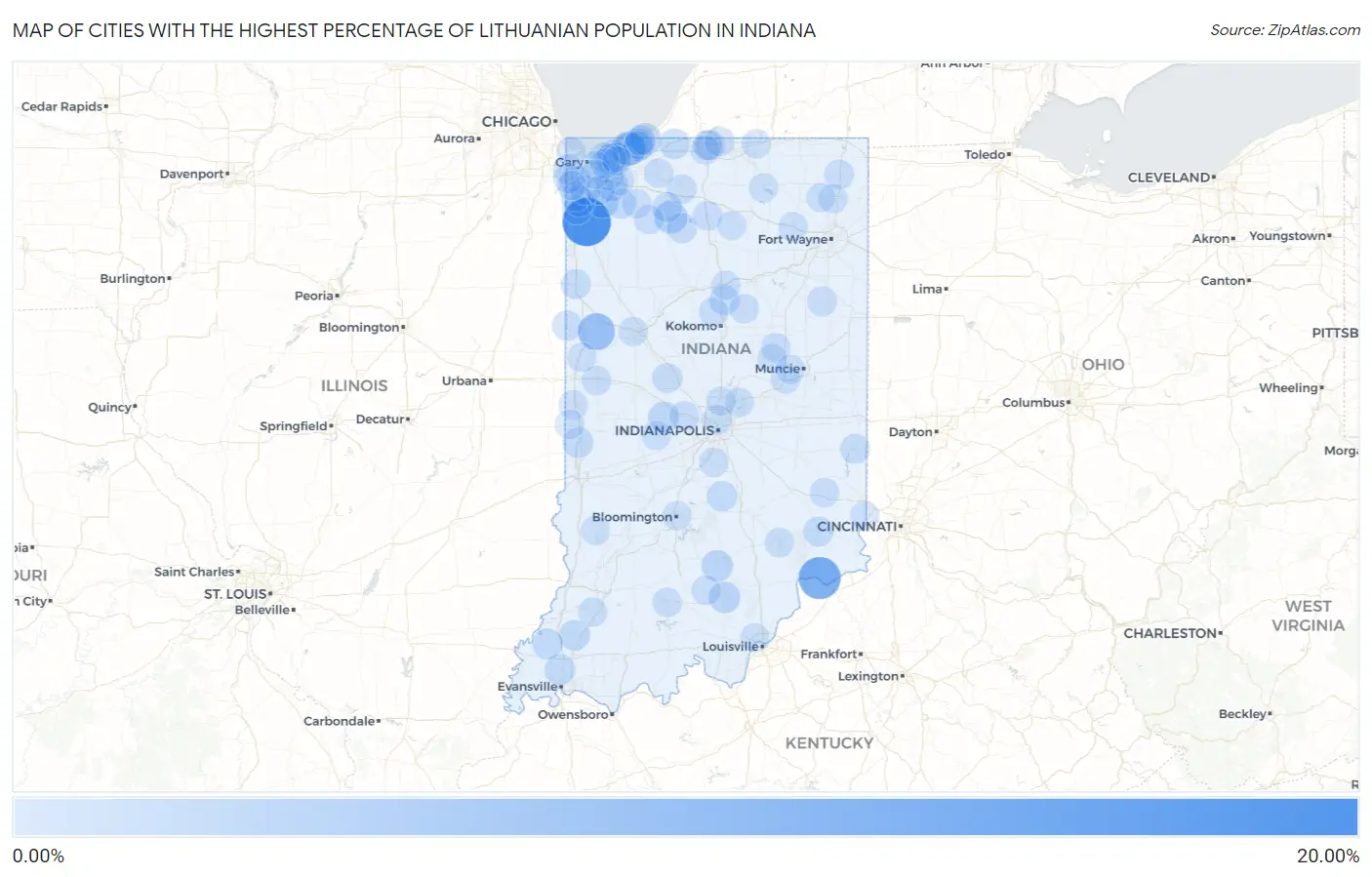 Cities with the Highest Percentage of Lithuanian Population in Indiana Map