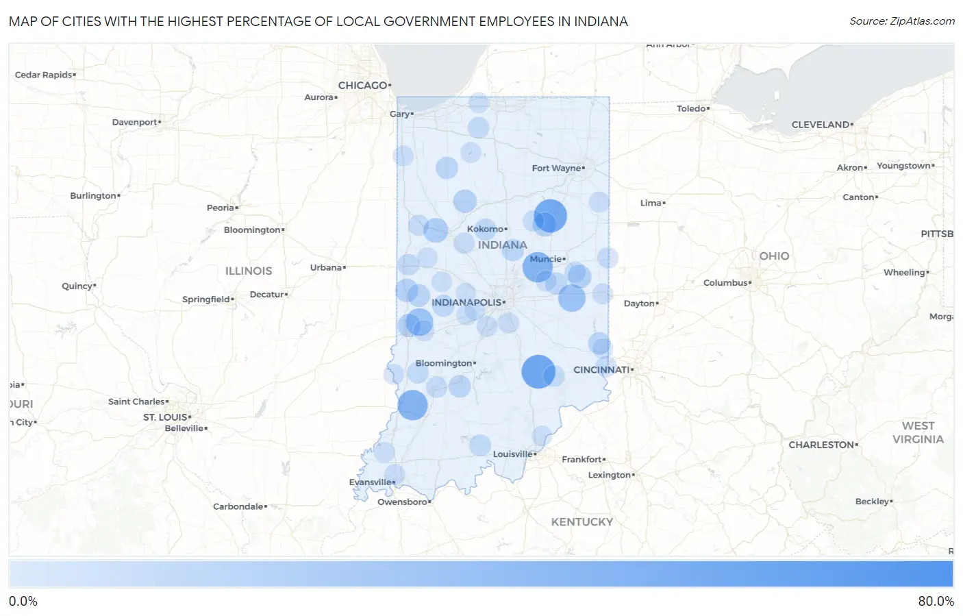 Cities with the Highest Percentage of Local Government Employees in Indiana Map