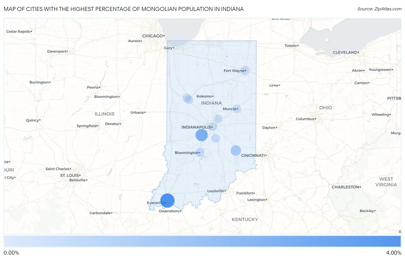 Cities with the Highest Percentage of Mongolian Population in Indiana Map