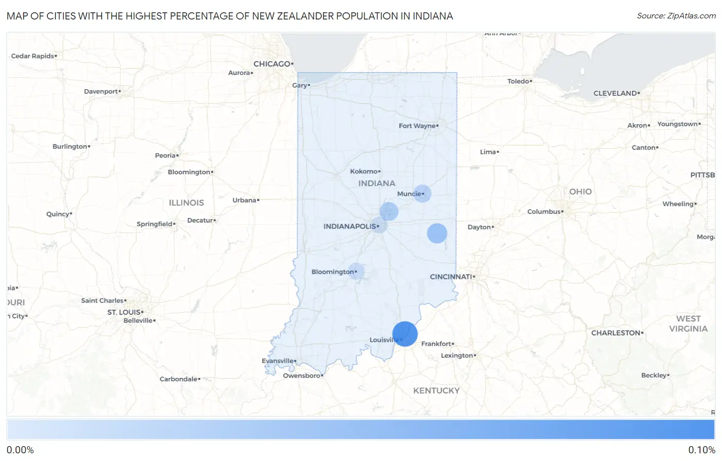 Cities with the Highest Percentage of New Zealander Population in Indiana Map