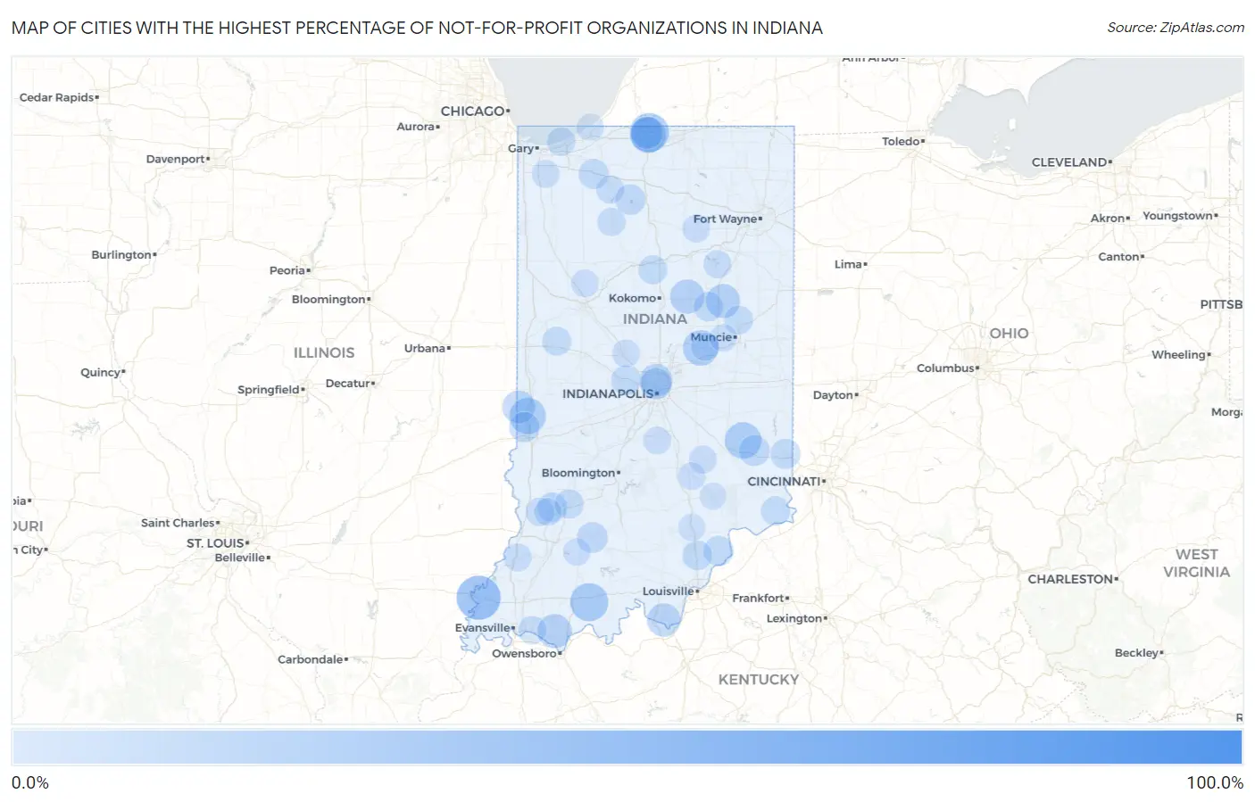 Cities with the Highest Percentage of Not-for-profit Organizations in Indiana Map