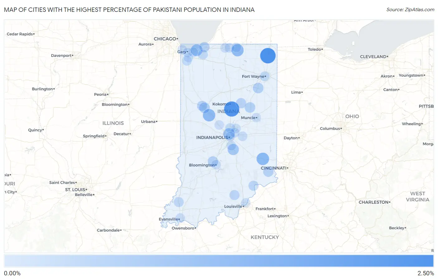 Cities with the Highest Percentage of Pakistani Population in Indiana Map