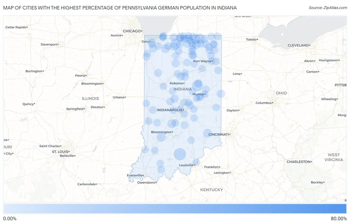 Cities with the Highest Percentage of Pennsylvania German Population in Indiana Map