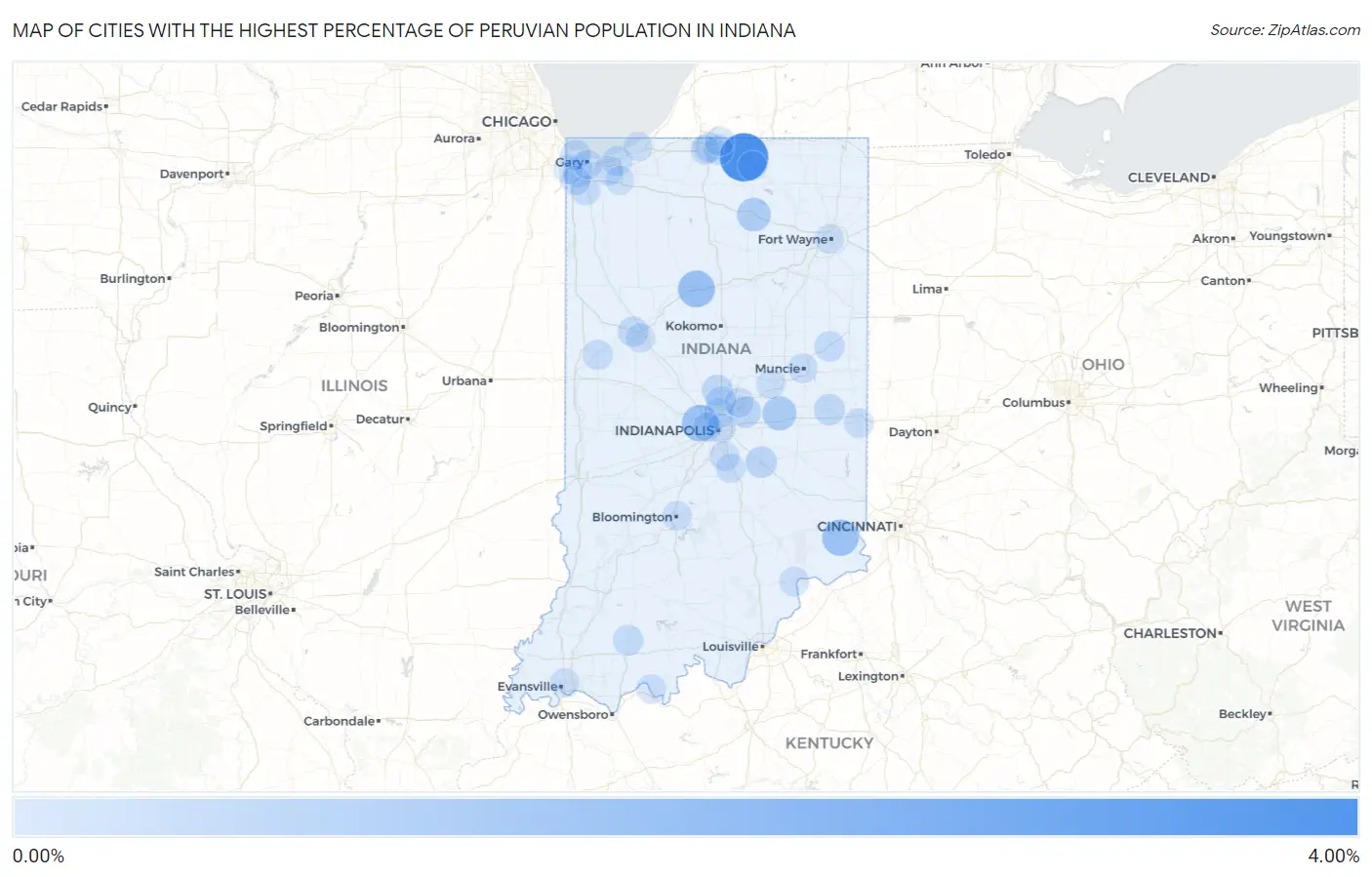 Cities with the Highest Percentage of Peruvian Population in Indiana Map