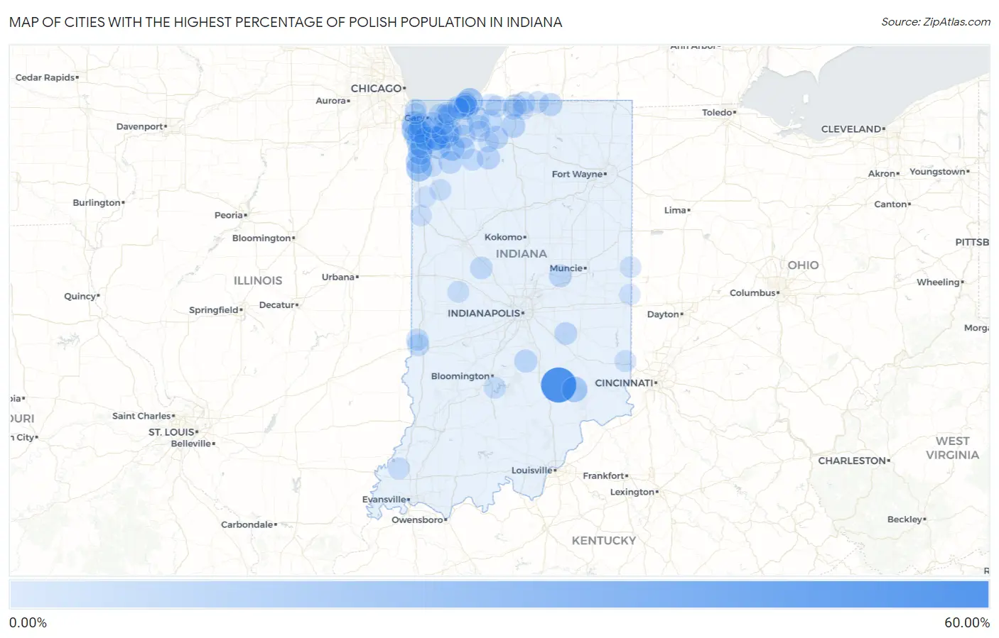 Cities with the Highest Percentage of Polish Population in Indiana Map