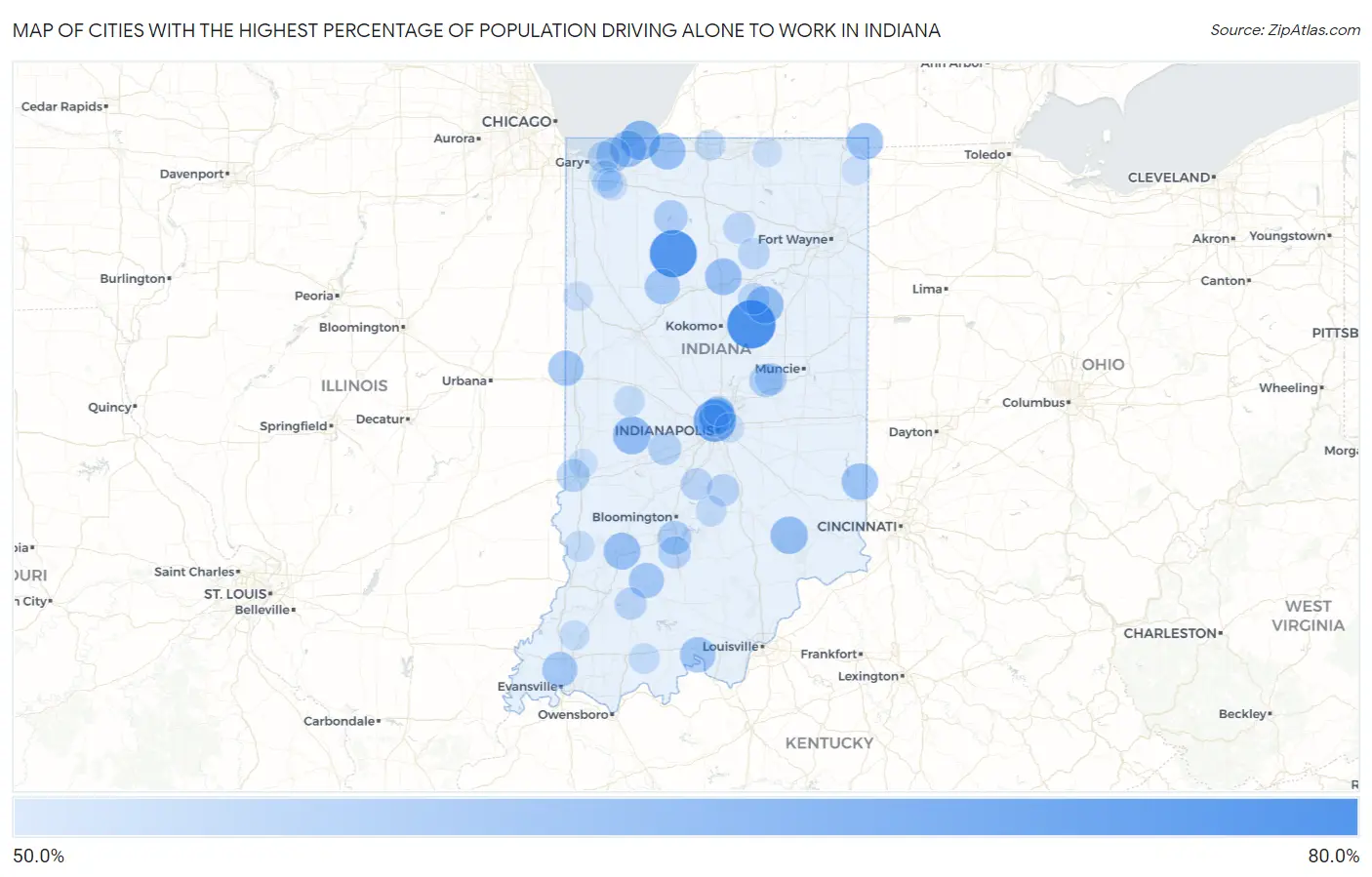 Cities with the Highest Percentage of Population Driving Alone to Work in Indiana Map