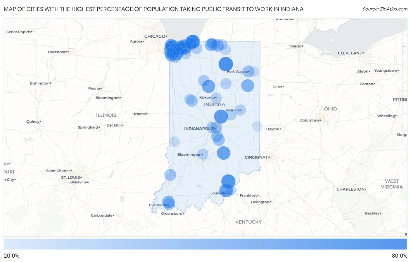 Cities with the Highest Percentage of Population Taking Public Transit to Work in Indiana Map