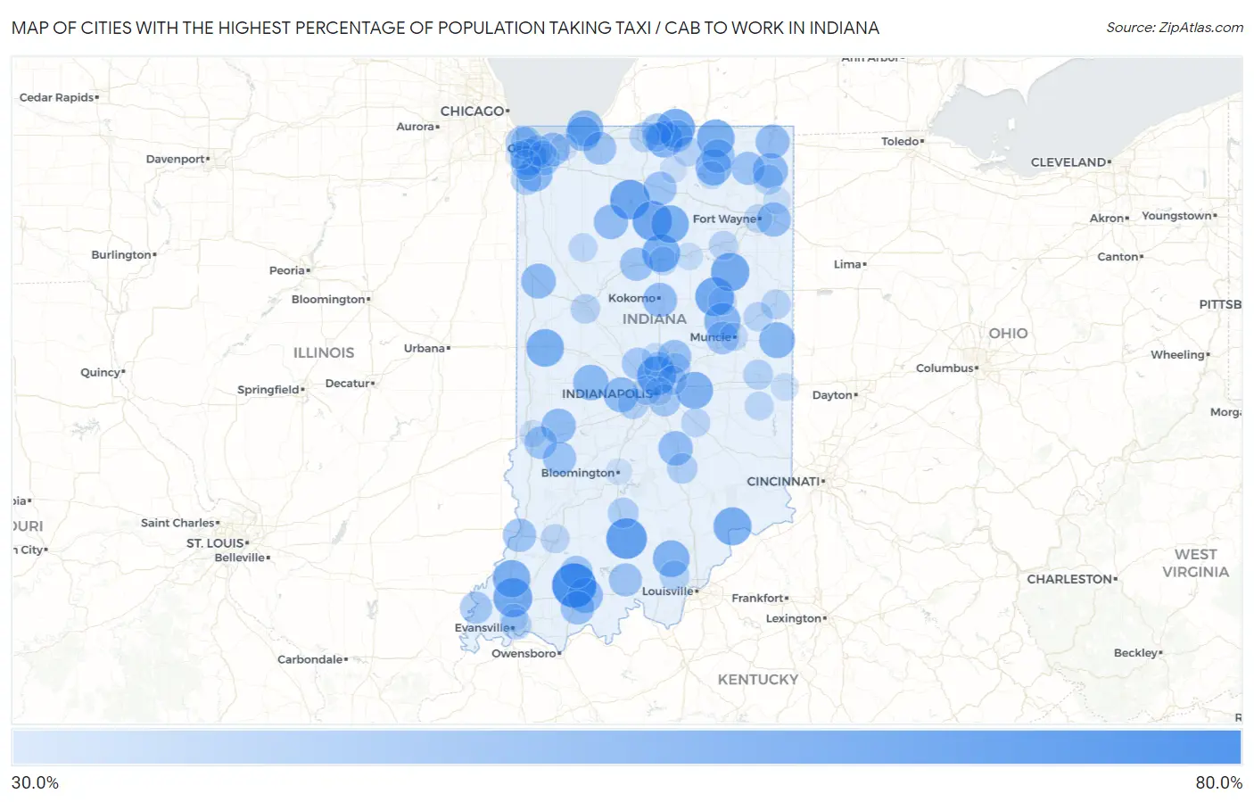 Cities with the Highest Percentage of Population Taking Taxi / Cab to Work in Indiana Map