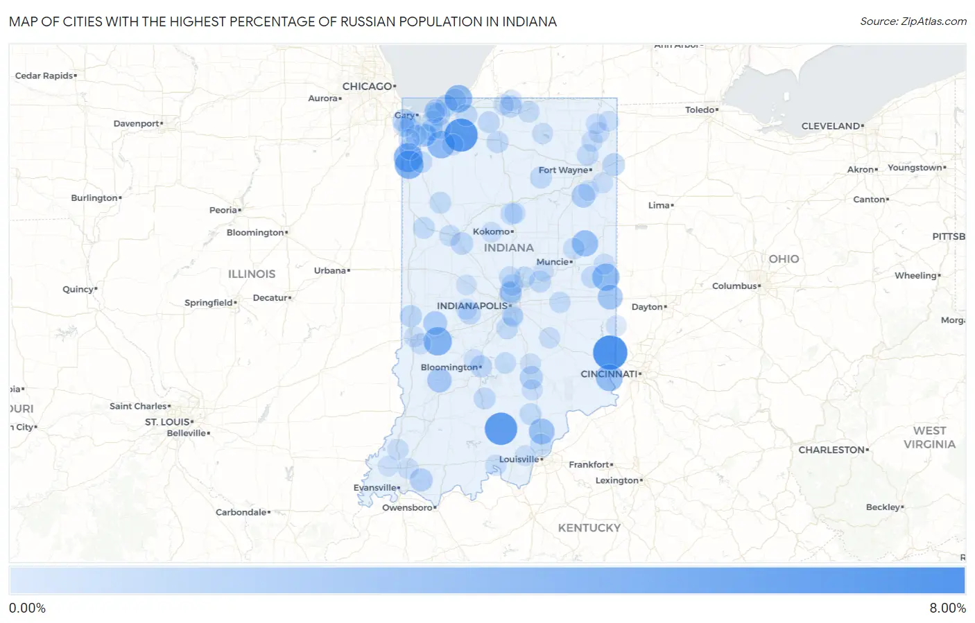 Cities with the Highest Percentage of Russian Population in Indiana Map