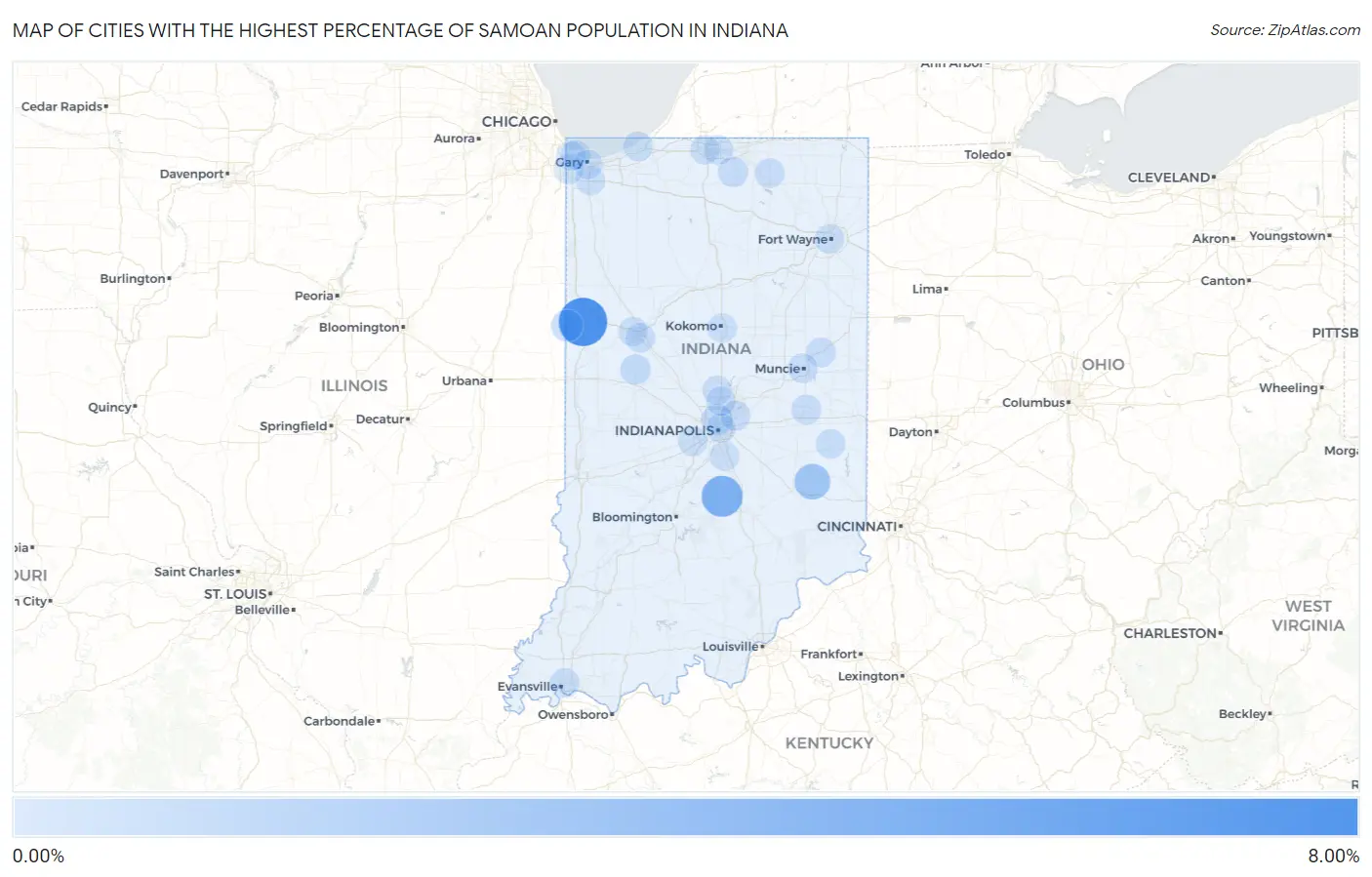 Cities with the Highest Percentage of Samoan Population in Indiana Map