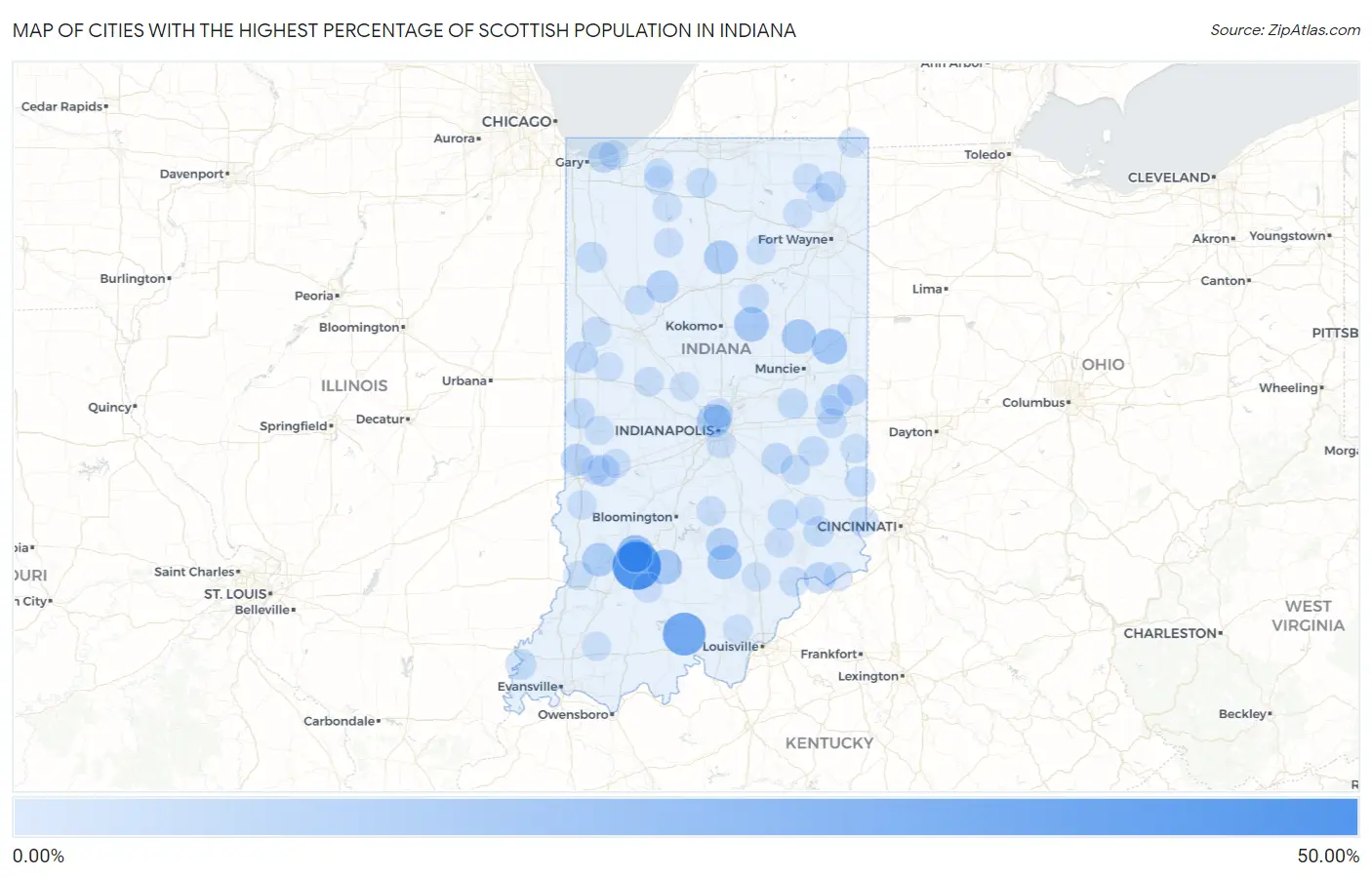 Cities with the Highest Percentage of Scottish Population in Indiana Map