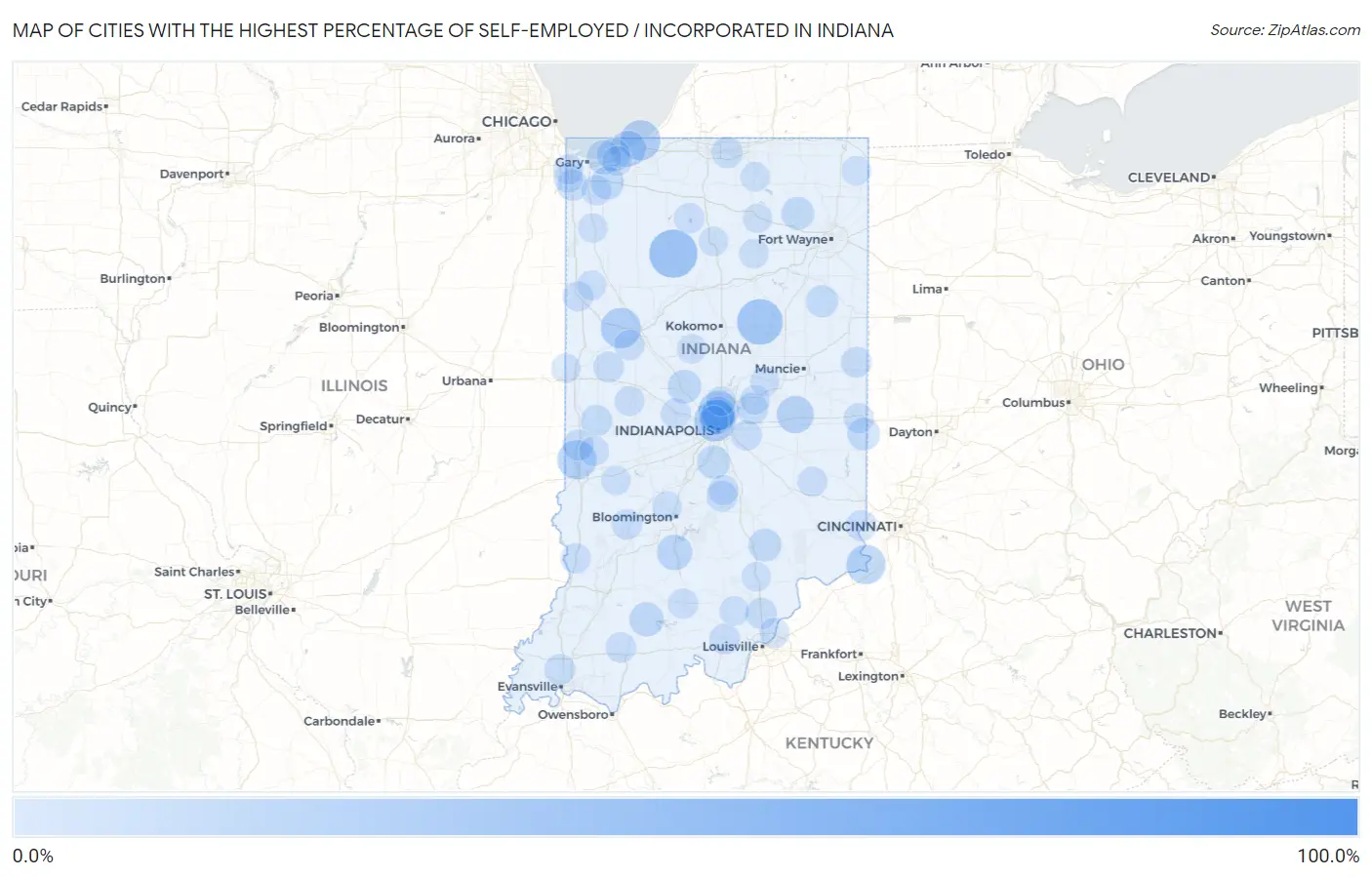 Cities with the Highest Percentage of Self-Employed / Incorporated in Indiana Map