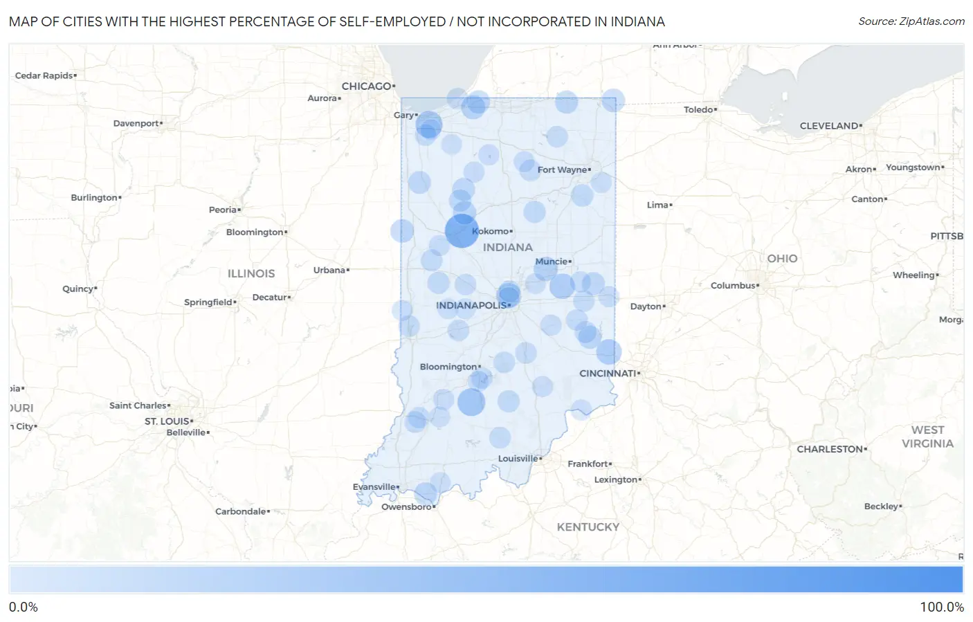 Cities with the Highest Percentage of Self-Employed / Not Incorporated in Indiana Map
