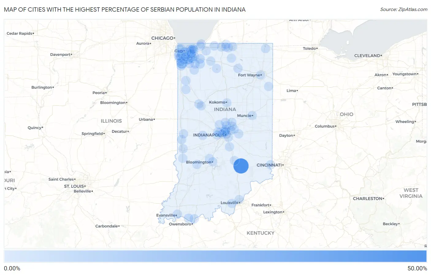 Cities with the Highest Percentage of Serbian Population in Indiana Map