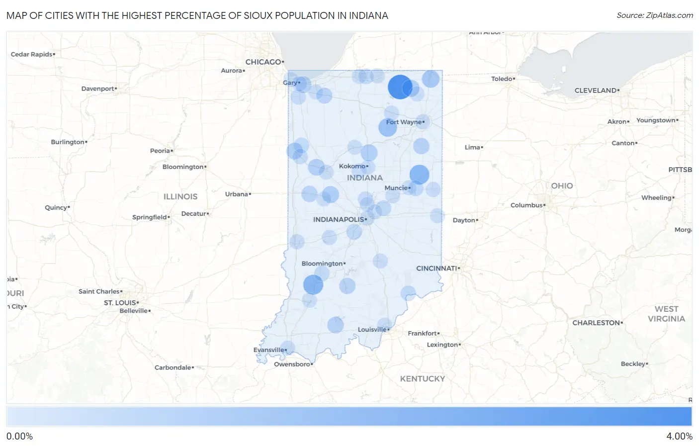 Cities with the Highest Percentage of Sioux Population in Indiana Map