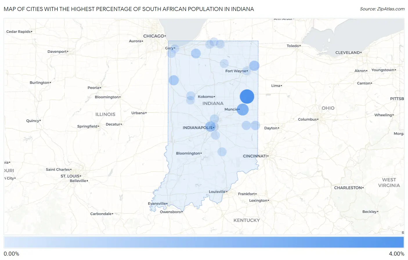 Cities with the Highest Percentage of South African Population in Indiana Map
