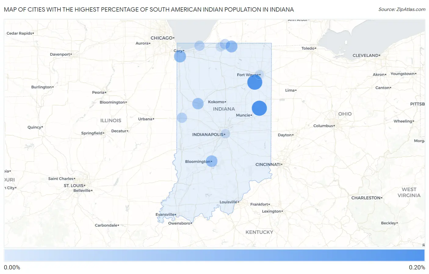 Cities with the Highest Percentage of South American Indian Population in Indiana Map