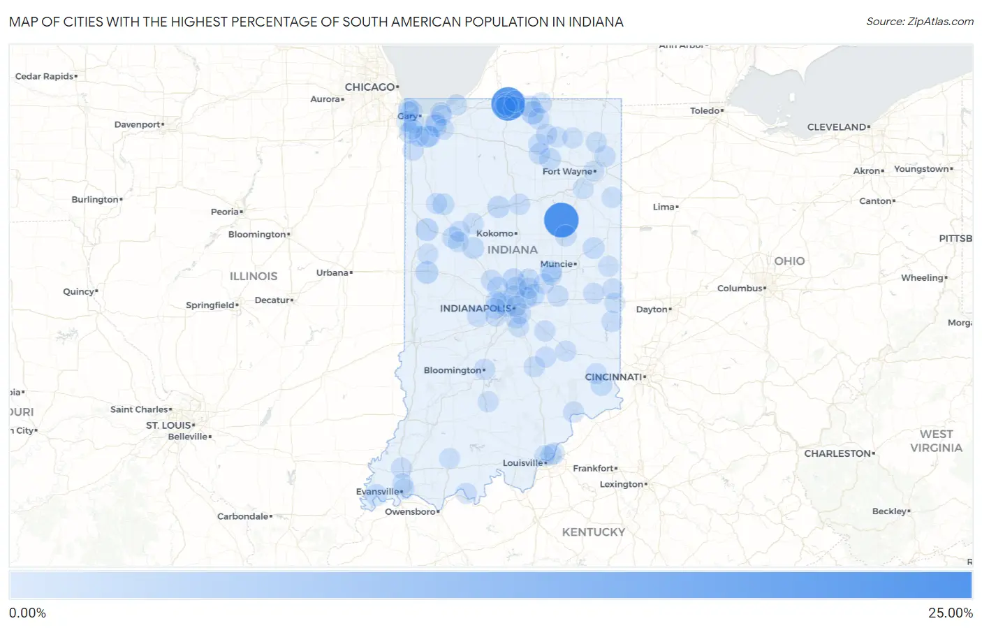 Cities with the Highest Percentage of South American Population in Indiana Map