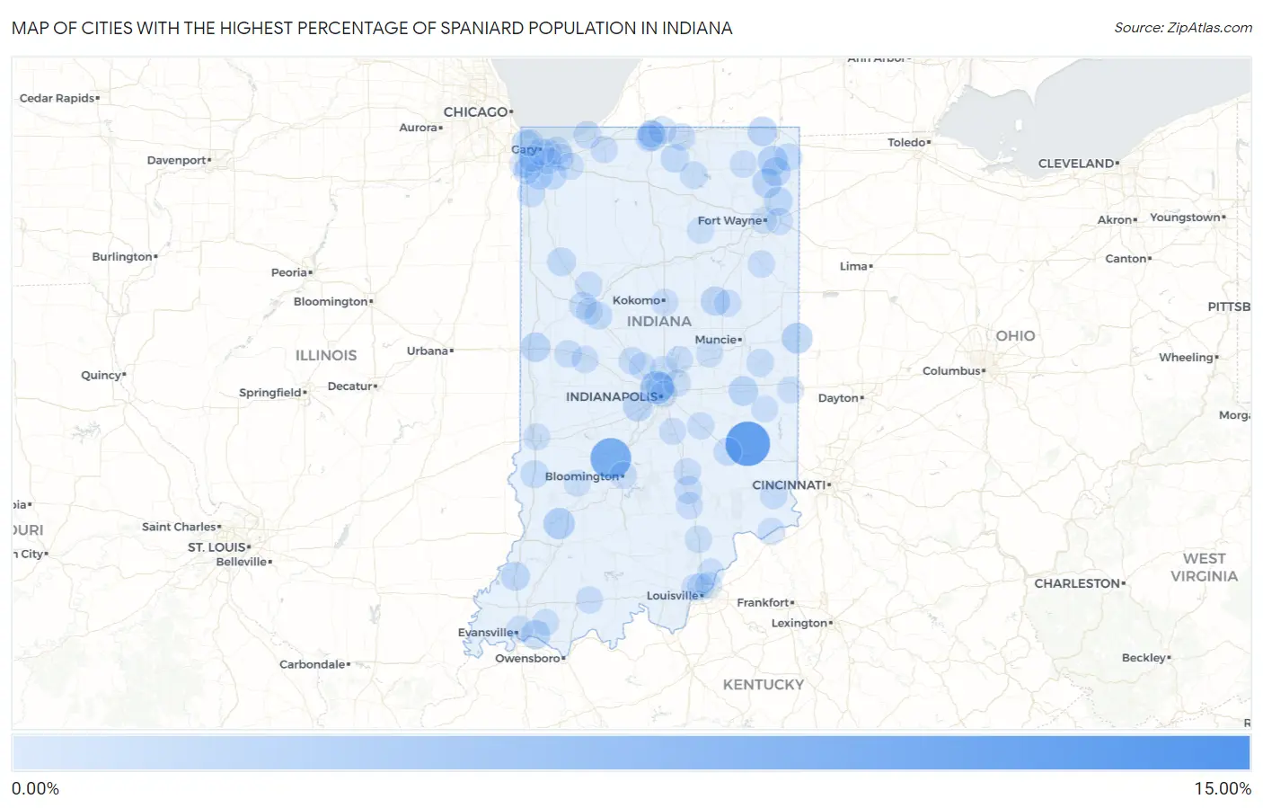 Cities with the Highest Percentage of Spaniard Population in Indiana Map