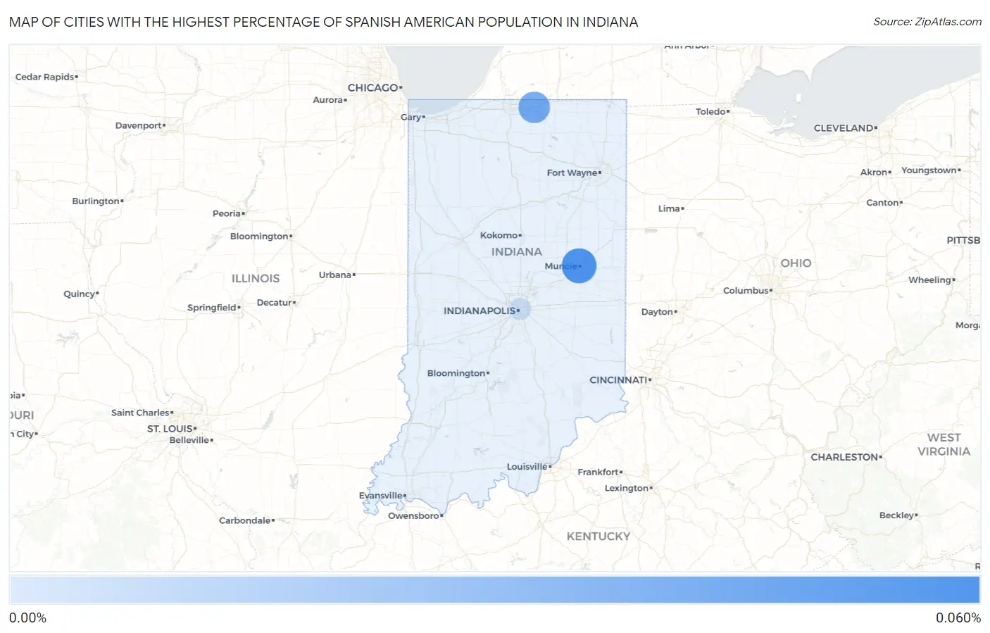 Cities with the Highest Percentage of Spanish American Population in Indiana Map