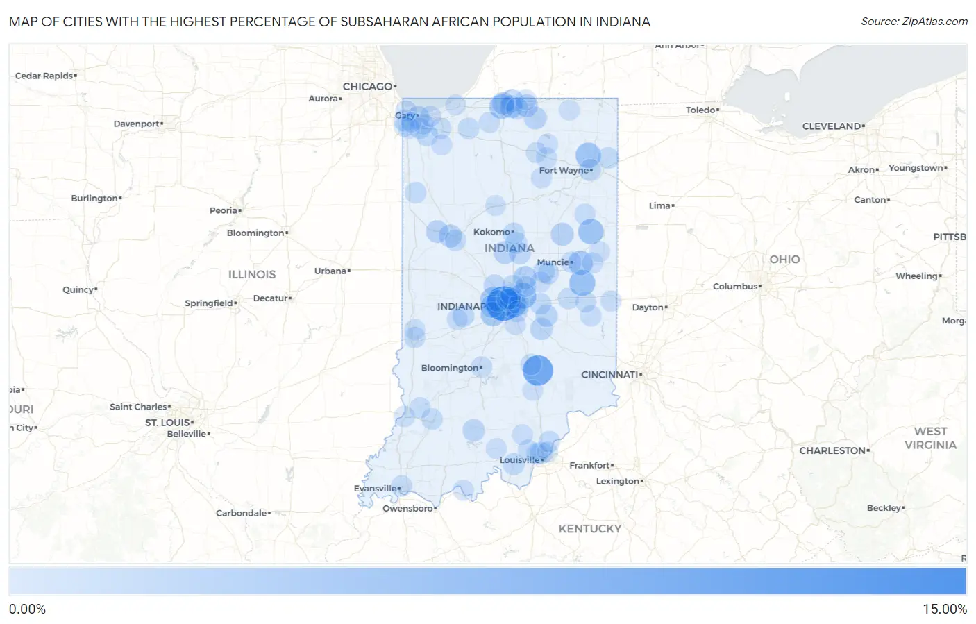 Cities with the Highest Percentage of Subsaharan African Population in Indiana Map