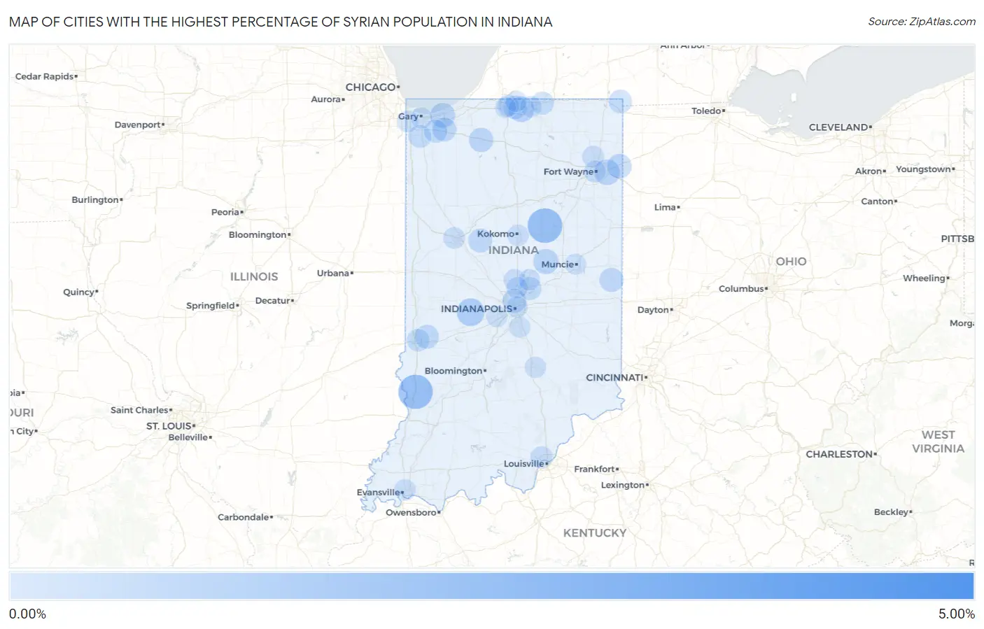 Cities with the Highest Percentage of Syrian Population in Indiana Map