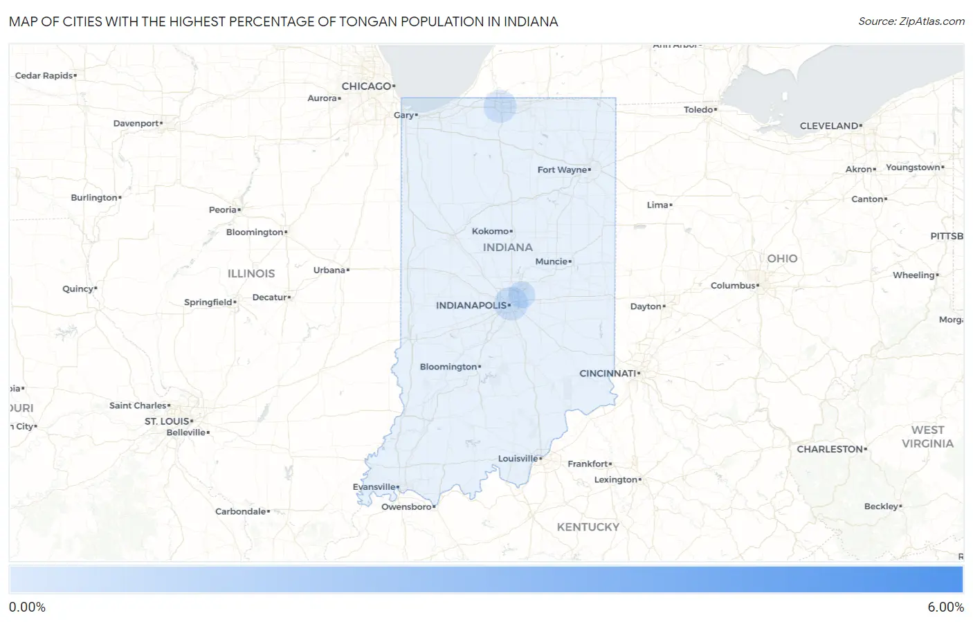 Cities with the Highest Percentage of Tongan Population in Indiana Map
