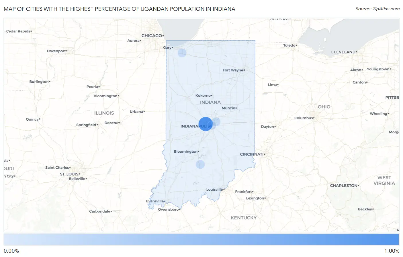 Cities with the Highest Percentage of Ugandan Population in Indiana Map