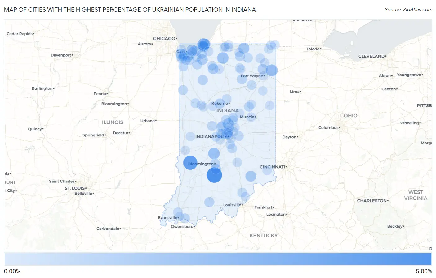Cities with the Highest Percentage of Ukrainian Population in Indiana Map