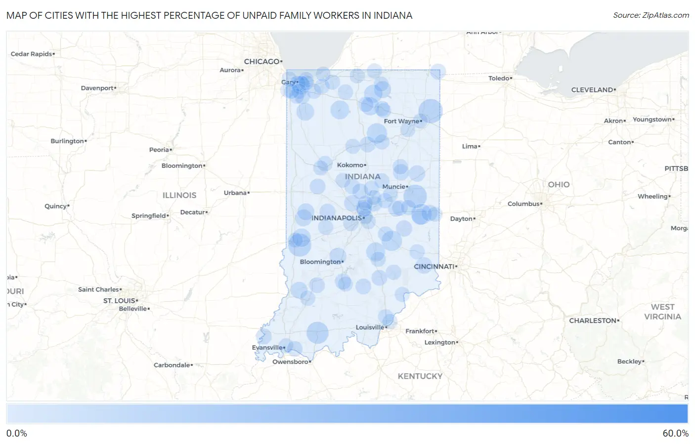Cities with the Highest Percentage of Unpaid Family Workers in Indiana Map