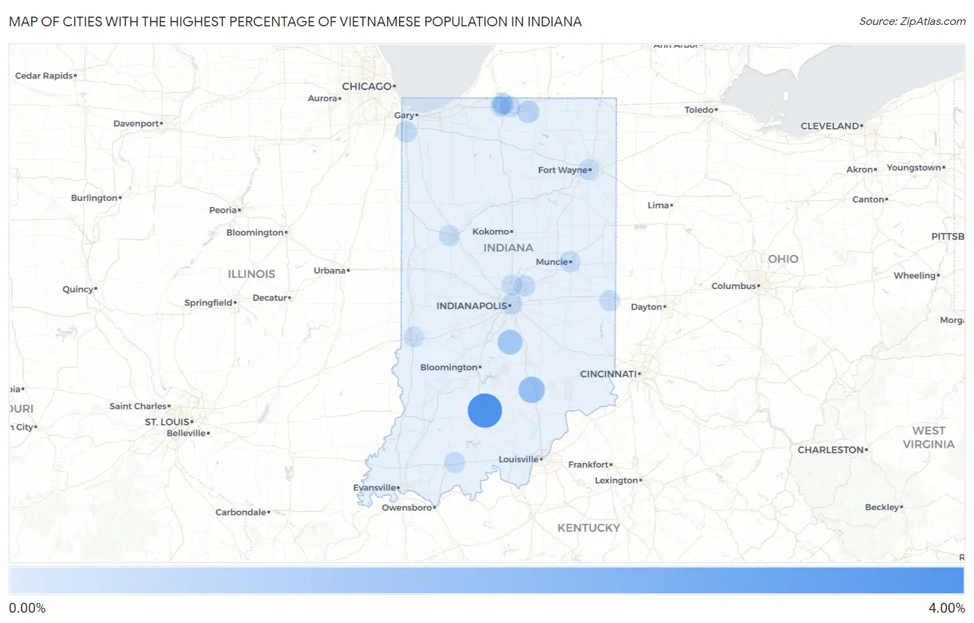 Cities with the Highest Percentage of Vietnamese Population in Indiana Map
