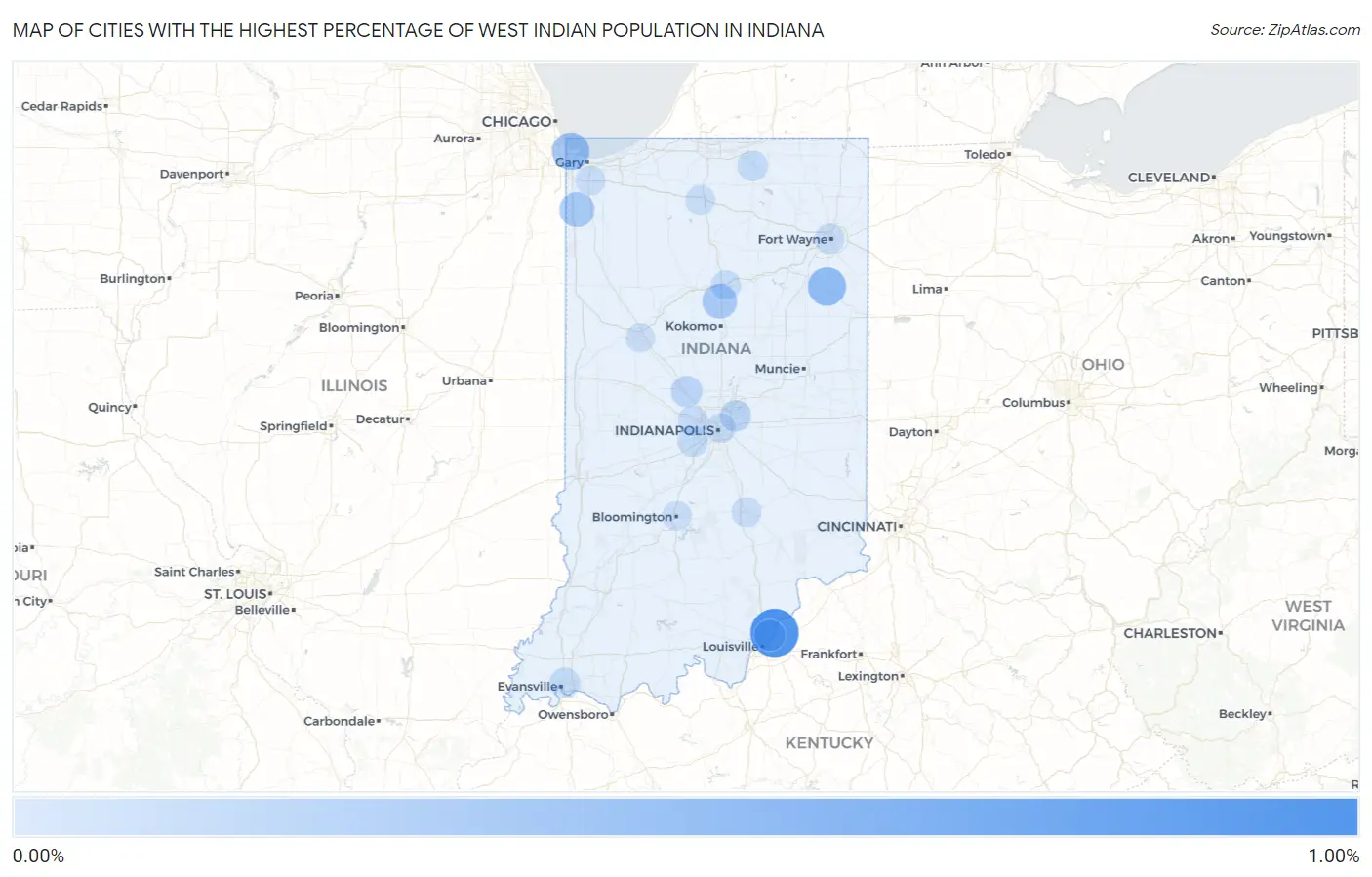 Cities with the Highest Percentage of West Indian Population in Indiana Map