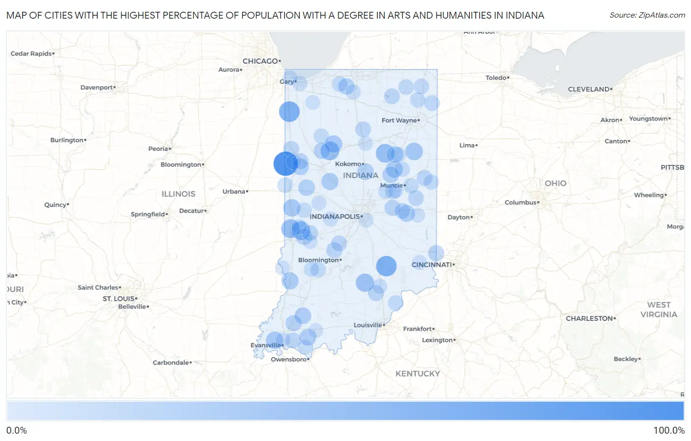 Cities with the Highest Percentage of Population with a Degree in Arts and Humanities in Indiana Map