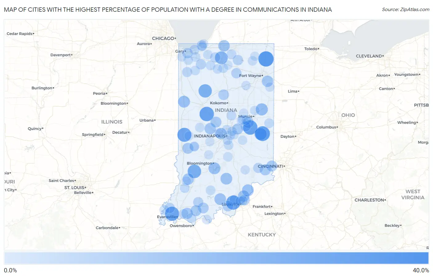 Cities with the Highest Percentage of Population with a Degree in Communications in Indiana Map