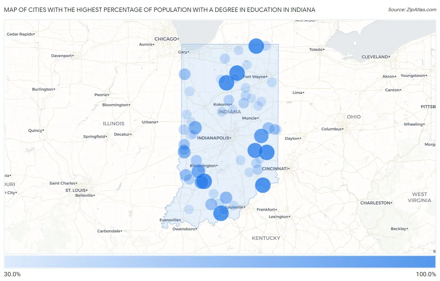 Cities with the Highest Percentage of Population with a Degree in Education in Indiana Map