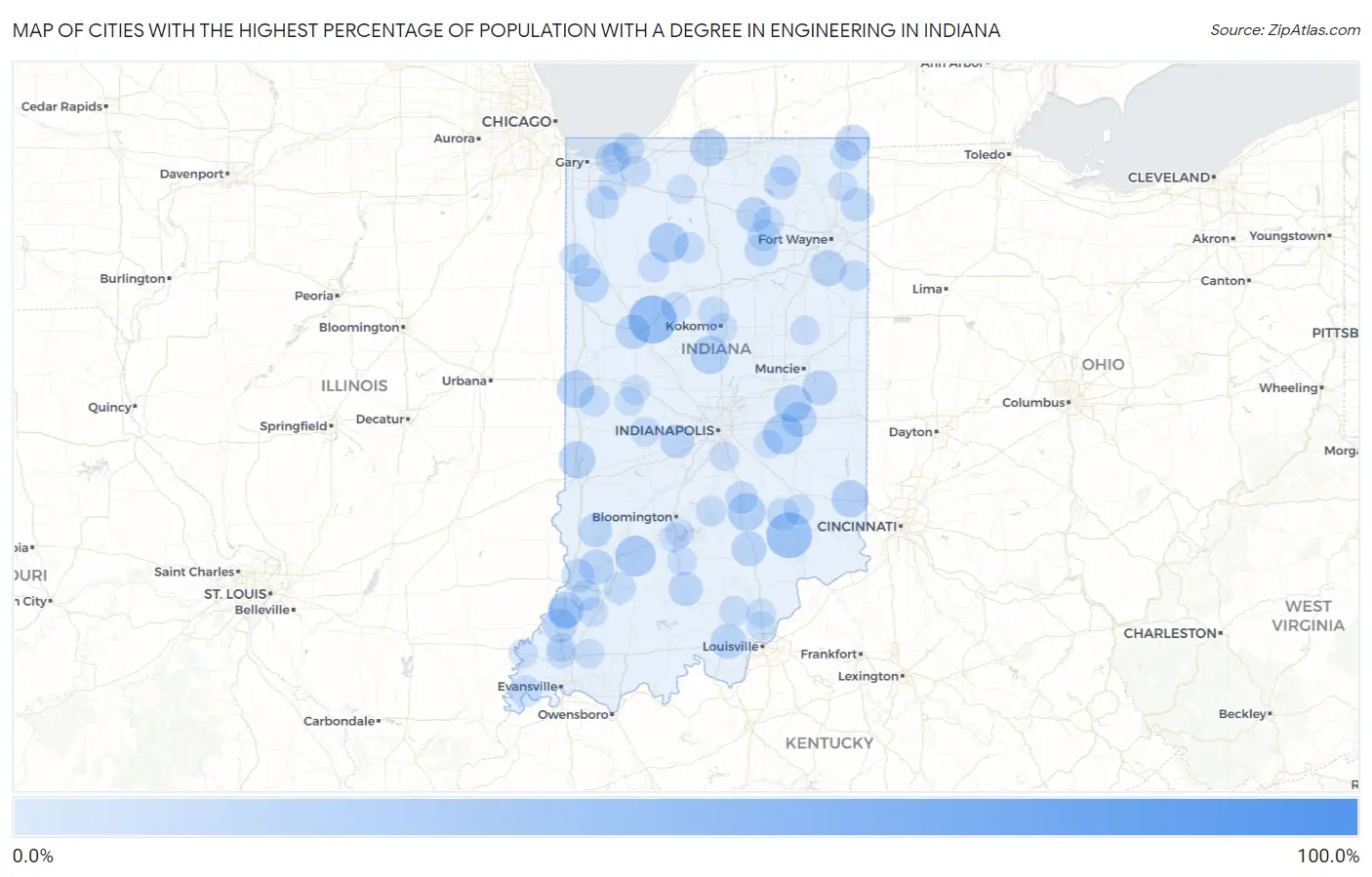 Cities with the Highest Percentage of Population with a Degree in Engineering in Indiana Map