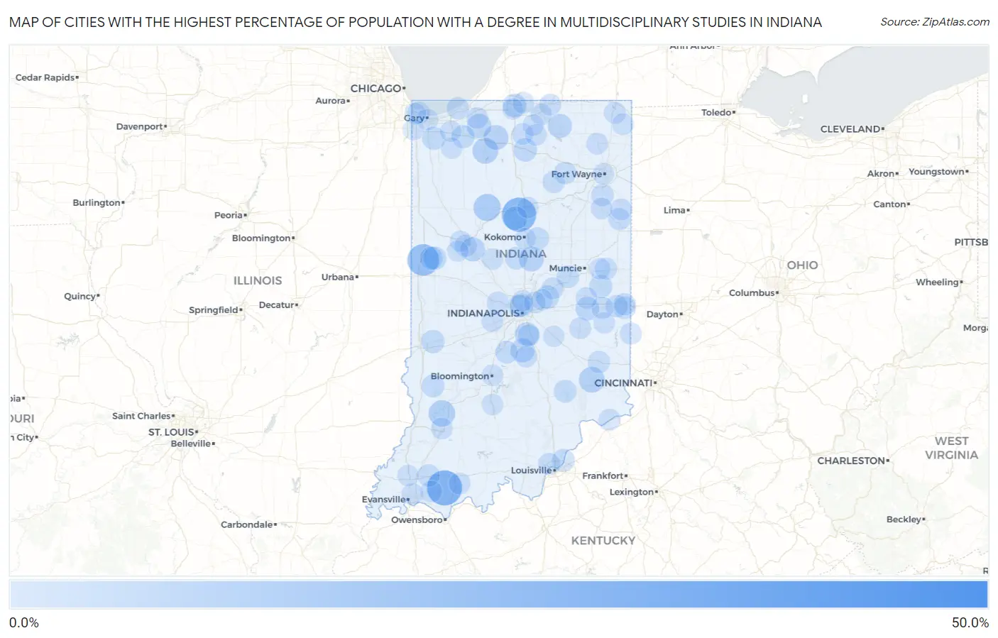 Cities with the Highest Percentage of Population with a Degree in Multidisciplinary Studies in Indiana Map
