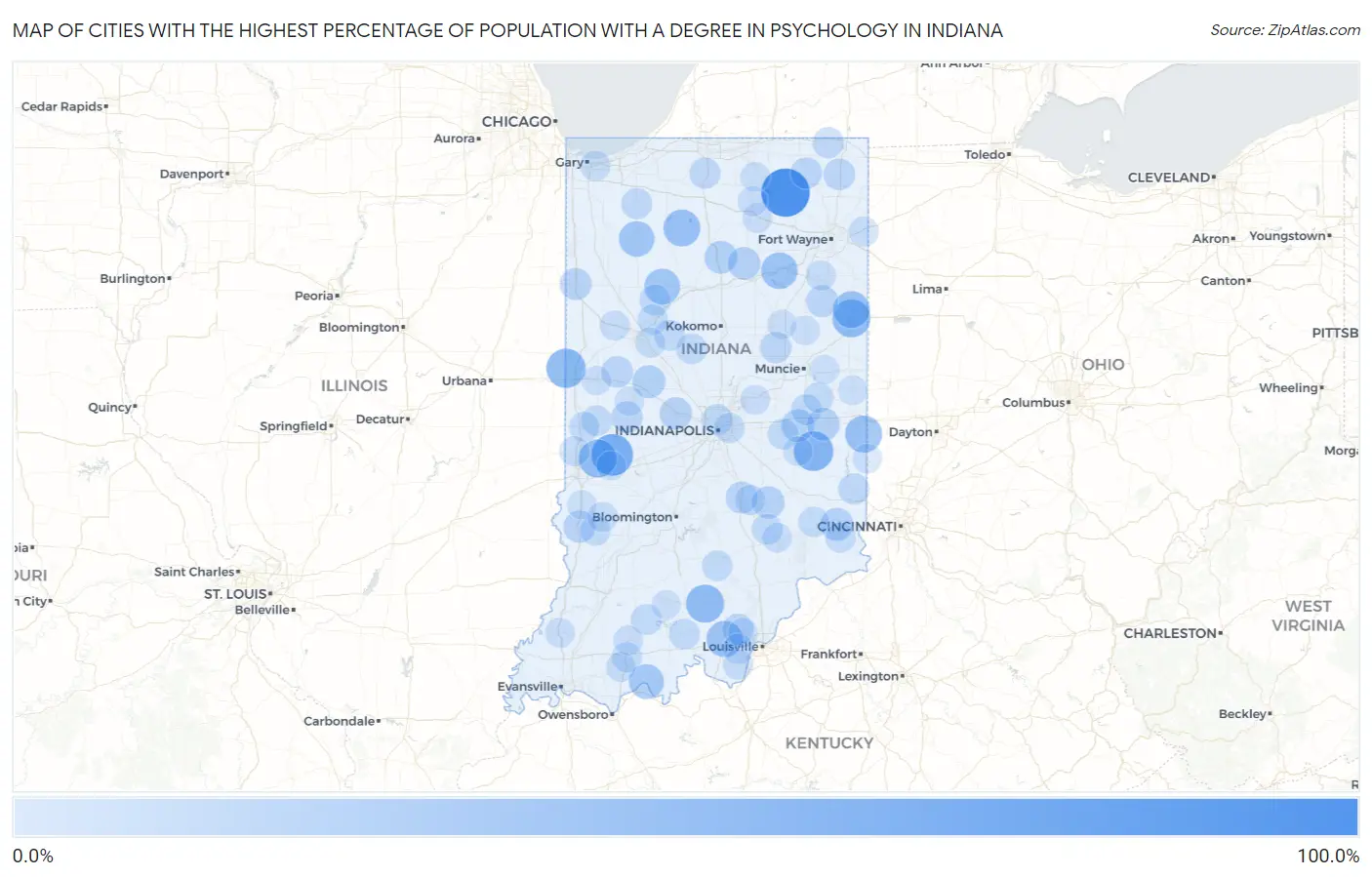 Cities with the Highest Percentage of Population with a Degree in Psychology in Indiana Map
