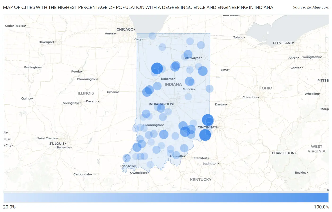 Cities with the Highest Percentage of Population with a Degree in Science and Engineering in Indiana Map