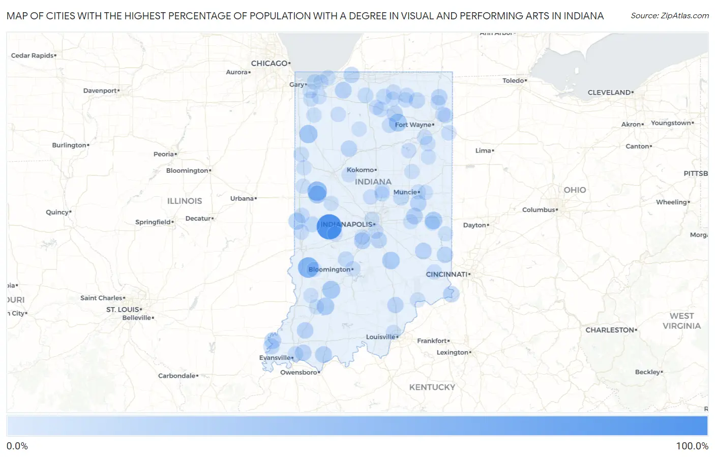 Cities with the Highest Percentage of Population with a Degree in Visual and Performing Arts in Indiana Map