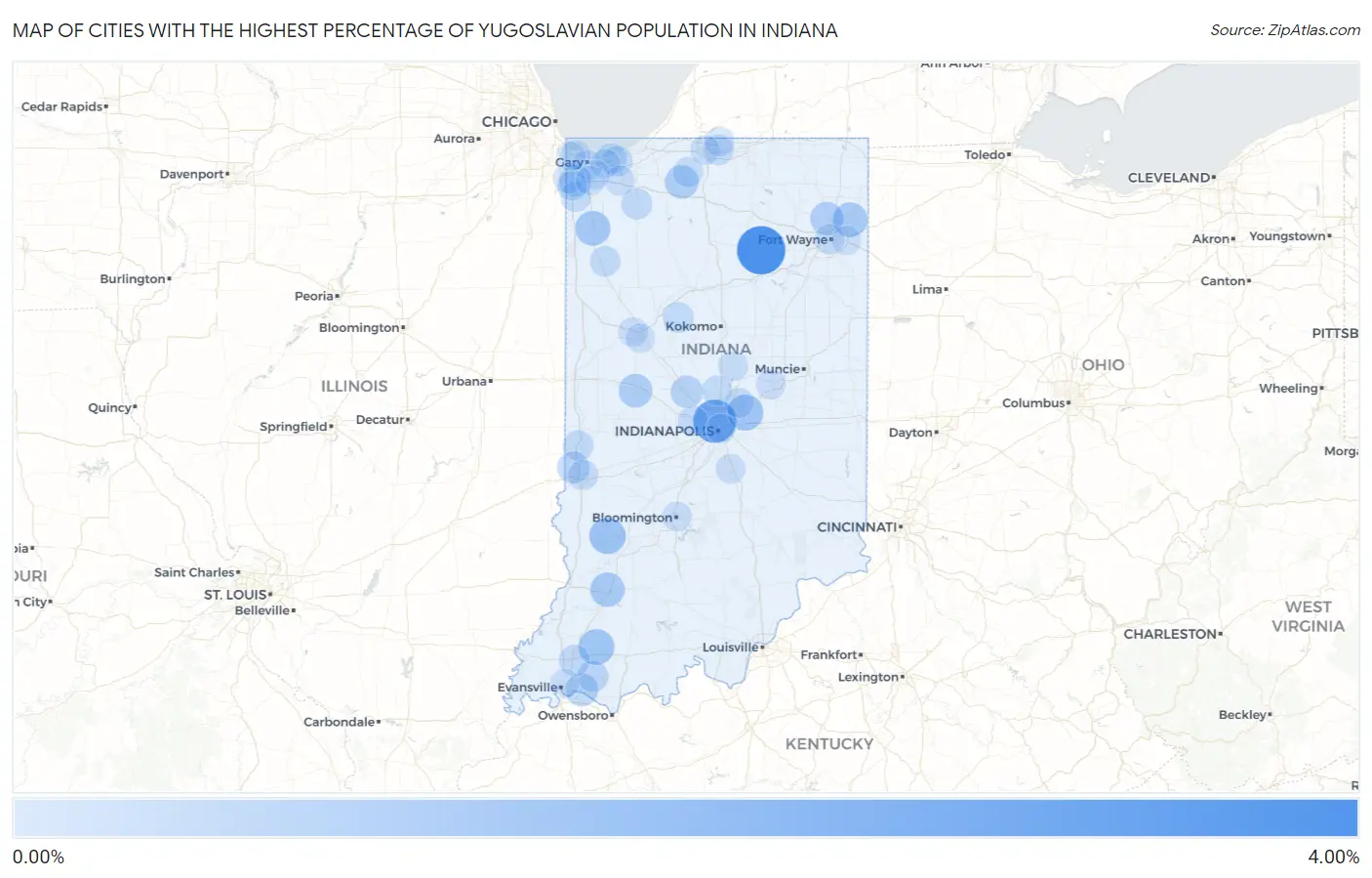 Cities with the Highest Percentage of Yugoslavian Population in Indiana Map