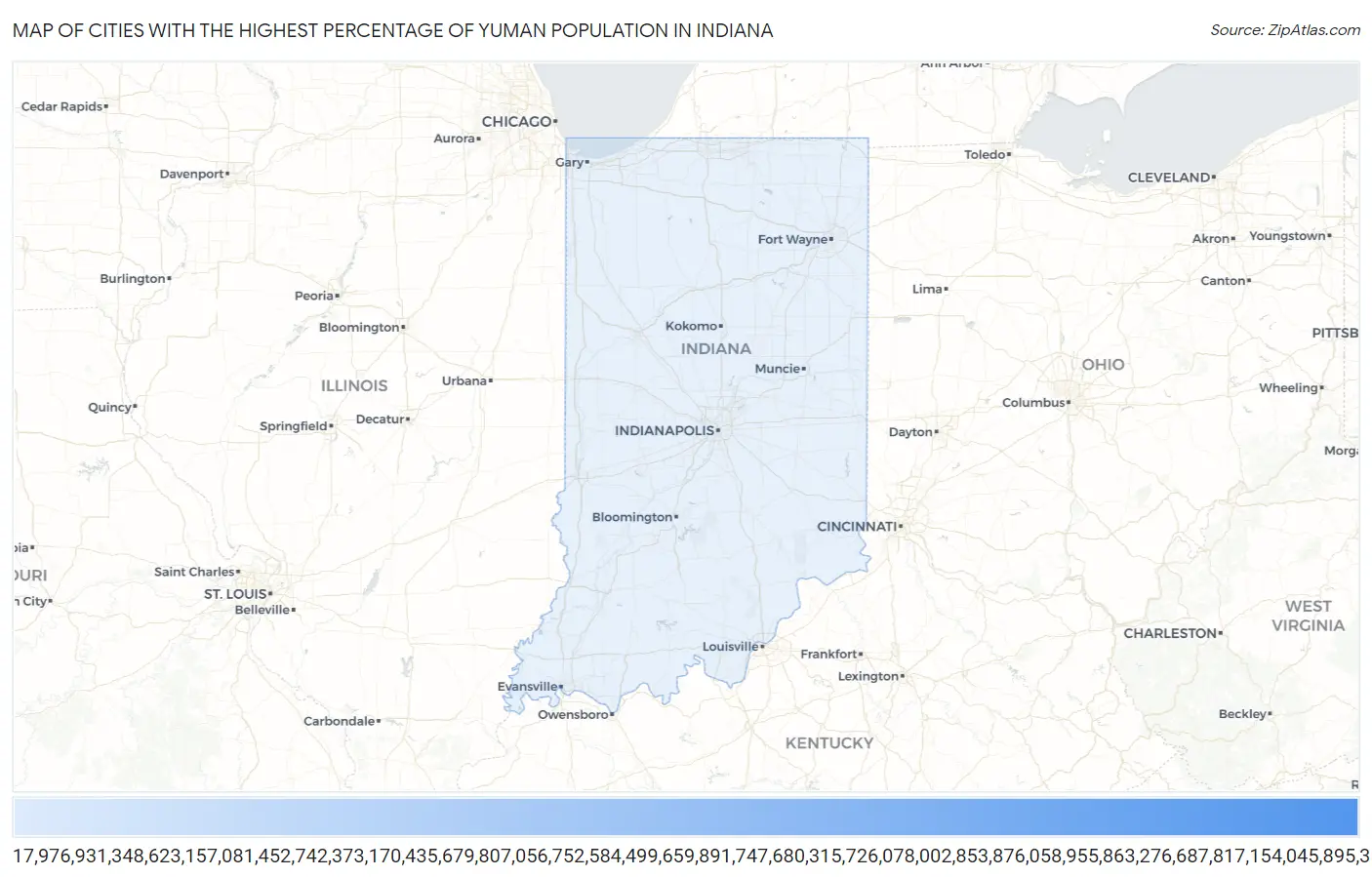 Cities with the Highest Percentage of Yuman Population in Indiana Map