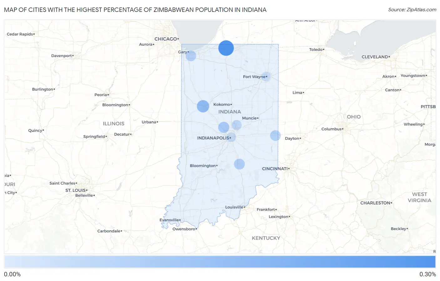 Cities with the Highest Percentage of Zimbabwean Population in Indiana Map