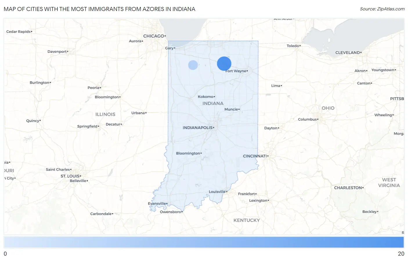 Cities with the Most Immigrants from Azores in Indiana Map