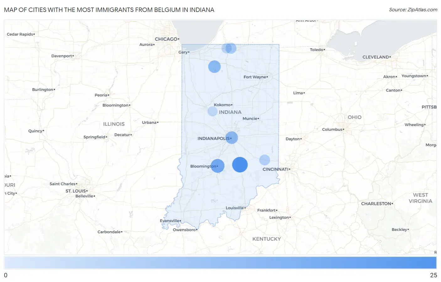 Cities with the Most Immigrants from Belgium in Indiana Map