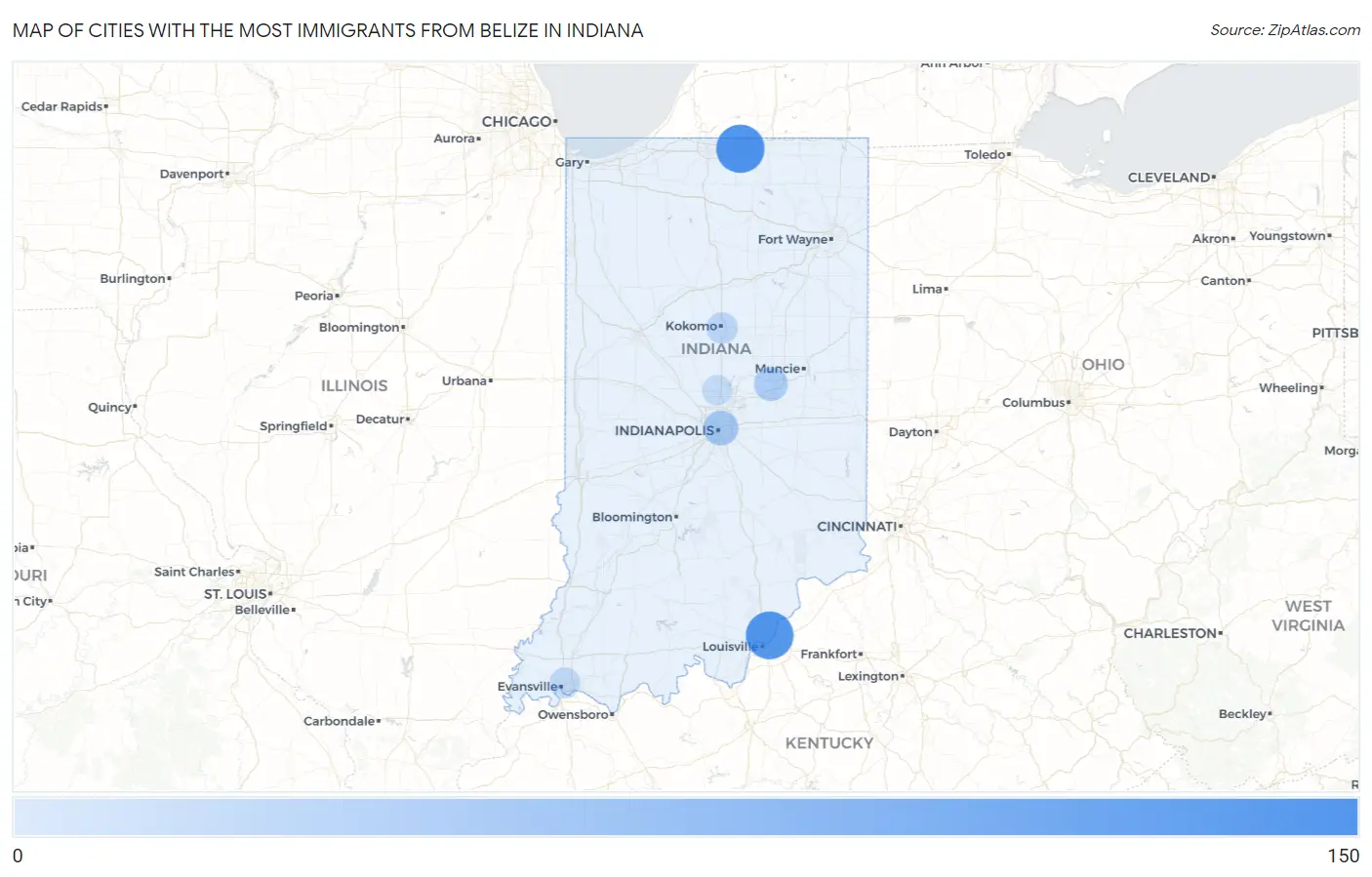 Cities with the Most Immigrants from Belize in Indiana Map
