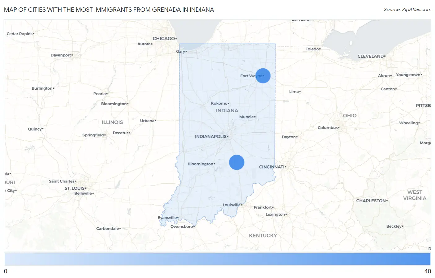 Cities with the Most Immigrants from Grenada in Indiana Map